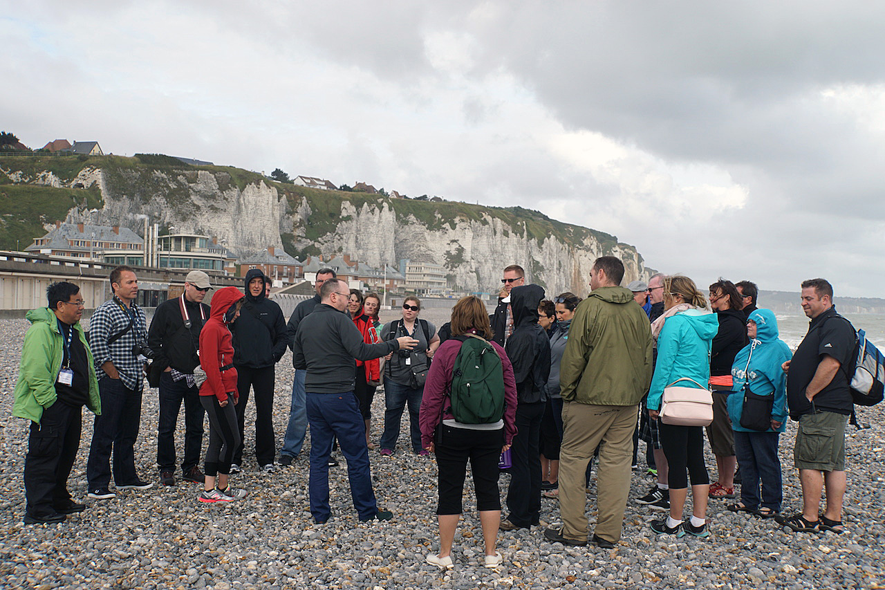 Historian Chris Evans giving a briefing to the group on the Dieppe Beach.